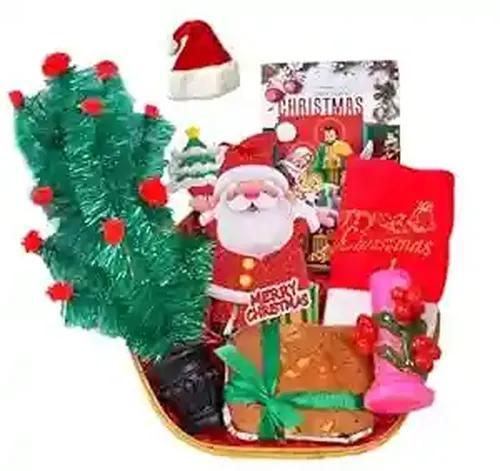 Christmas Cake Gift Hamper/Christmas Gift for Kids/Christmas Gifts-Decorated Basket+200gms of veg Cake+Christmas Tree+Christmas Decorative hangings+Santa Claus Cap+Cherry Tree Candle+Christmas card