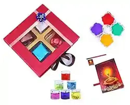 Mantouss Shubh Deepawali Chocolate Hamper + 2 Gel Filled Glass Candle, Diwali Greeting Card and Rangoli Colours