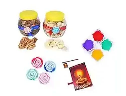 MANTOUSS Diwali Dry Fruit Decorated Jar-Cashew and Walnut(100gms Each),200 GMS + 2 Floating Diya, Diwali Greeting Card and Rangoli Colours