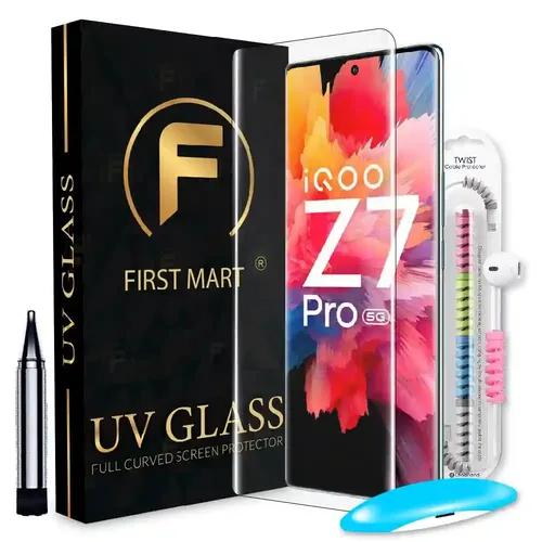 FIRST MART Tempered Glass for iQOO Z7 Pro 5G / T2 Pro 5G / V27 Pro 5G with Edge to Edge Full Screen Coverage and Easy UV Glue Installation Kit and Cable Protector, Pack of 1