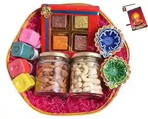 MANTOUSS Diwali Dry Fruits Gift Pack/Diwali Special Dry Fruit Hamper/Dry Fruits Gift Hamper-Tokri+Almond(100gms),cahsew(100gms)+Chocolate Box+Rangoli Colours+e Diya+deepawali Greeting Card