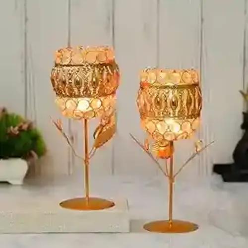 WEBELKART Premium Crystal Brass Rose Candle Holder for Diwali Decoration |Tealight Candle Holder for Table Decor - Gift Items for Home and Office Decor Set of 2(8.66" Inches Gold)