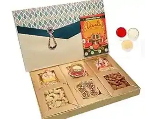 Bhai dooj gift set for brother/bhai dooj tika/bhai dooj gift hamper for brother/bhai dooj gift-almond+cashew+Marble lakshmi ganesh idol+Lakshmi paduka+designer candle holder+roli chawal chandan