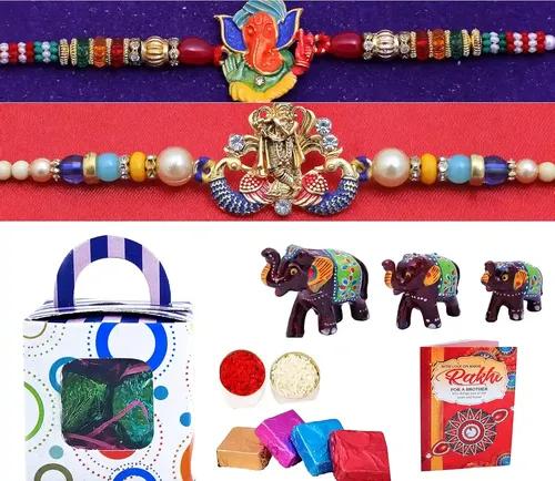 Rakhi Combo For Brother , Rakhi For Bhaiyya/Bhai/Elegant Kundan Rakhi With Roli Chawal And Raksha Bandhan Greeting Card For Men-2 Kundan Rakhi+Showpiece Figurine +Roli, Chawal+Rakhi Greeting Card