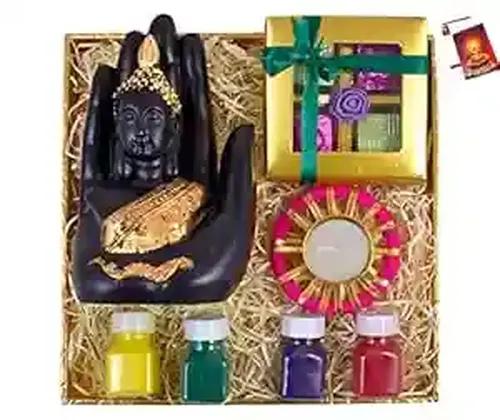 Diwali gift hamper/diwali chocolate gift pack/diwali gift items/diwali gifts for friends and family-Chocolate box+Showpiece figurine+Decorative diya with tealight+Rangoli Colours+Diwali Greeting Card