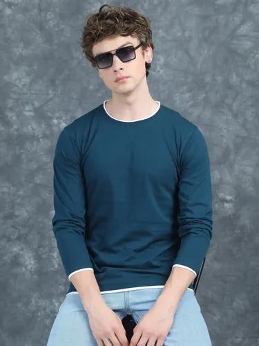 Teal Piped Solid Full Sleeve T-Shirt