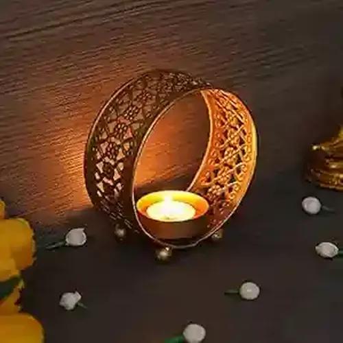 WEBELKART  Premium Handcrafted Ring Shape Table Tealight Candle Holder for Home and Festival Decor with Bonus tealight for Diwali and Christmas Decorations (5 Inches, Gold)