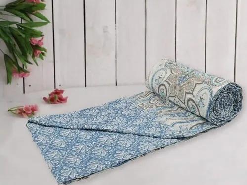 TRANCE HOME LINEN 100% Cotton Reversible Dohar Double Bed Size | Jaipuri Printed Artisan Block Design Blanket | Soft Lightweight Ac Comforter Quilt (84"X88", Nargis Blue), 200 TC