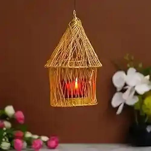 WEBELKART Premium Square Bird Nest hanging tealight Candle Holder With Chain for Home and Office Decor| Birds Cage tealight Holder| Diwali Decorations Item For Home Decor | Diwali Candle Holder (8 Inches, Gold)