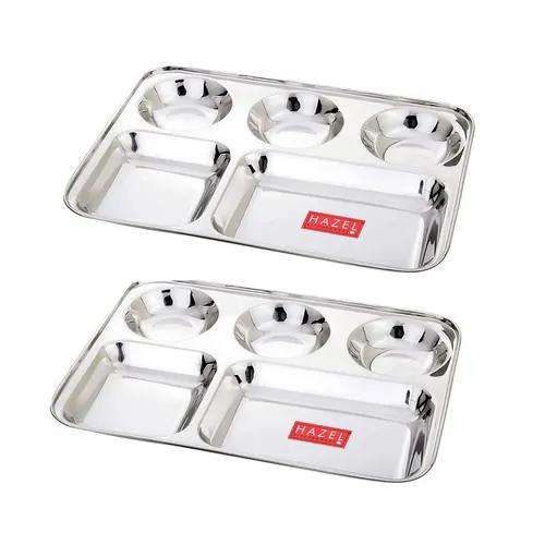 HAZEL Stainless Steel Compartment Mess Plate | Steel Rectangle Bhojan Thali with Round Holes