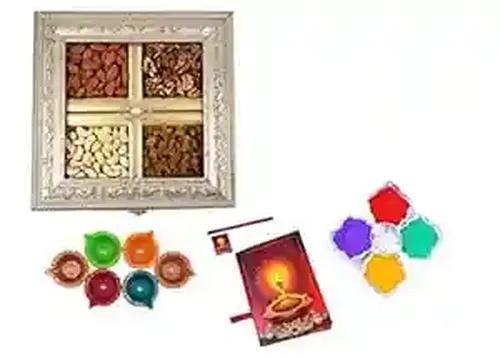 MANTOUSS Diwali Dry Fruit Combo-Cashew,Almond,Walnut and Raisin (100gms Each) 400gms + 2 Cute diyas, Rangoli Colours and Diwali Greeting