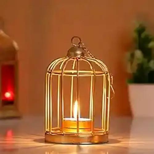 WEBELKART Gold Color Metal Iron Bird Cage Tea Light Holder with Diwali Diya Light Free Tealight Candle Holder for Home| Tealight Holder for Home and Diwali Decoration (4 Inches, Gold)