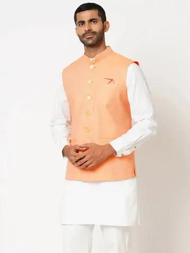 Indivisual Men's Two tone Dobby Peach Apricot Nehru Jacket - (Peach)