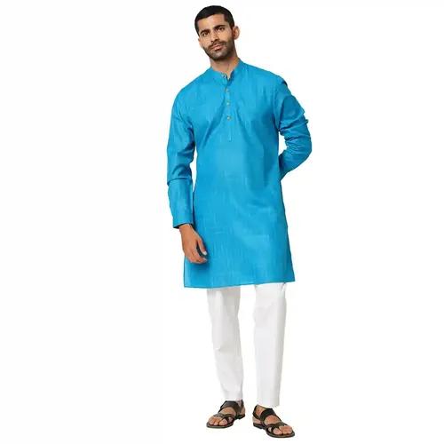 Indivisual Men's Ikat Peacock Blue Kurta