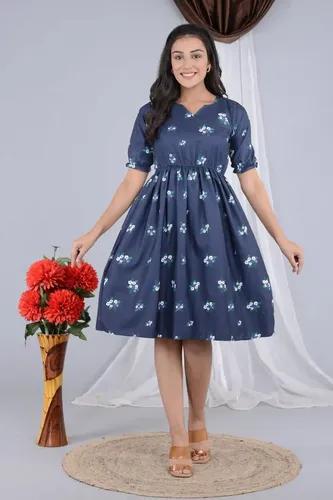 Floral Print Knee Length Navy Blue Dress for Women