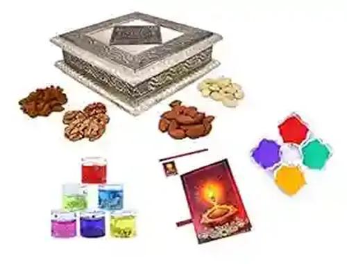 MANTOUSS Diwali Oxidised Dry Fruit Hamper/Pack/Combo-Cashew,Almond,Walnut and Raisin (100gms Each) 400gms + 2 Gel Filled Glass Candle,Diwali Greeting Card and Rangoli Colours