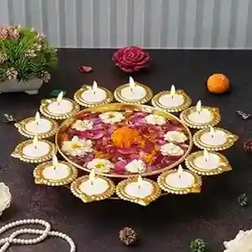 WEBELKART Premium Diya Shape Gold Plated Decorative Urli Bowl with Wax Candle for Home Decor Handcrafted Bowl Diwali Decor Item (14.17 Inches)