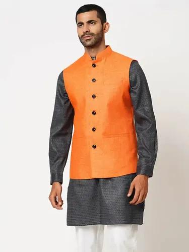 Indivisual Men's Basket Weave Orange Slice Nehru Jacket - (Dark Orange)