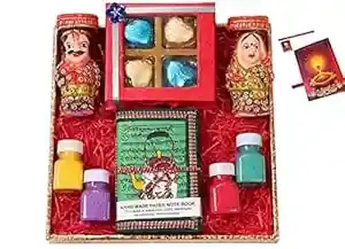 Diwali gift hamper/diwali gifts for family/diwali gifts for employees/Diwali chocolate gift pack-designer tray+Chocolate box+Couple tealight stand+handmade diary+rangoli colours +Diwali card