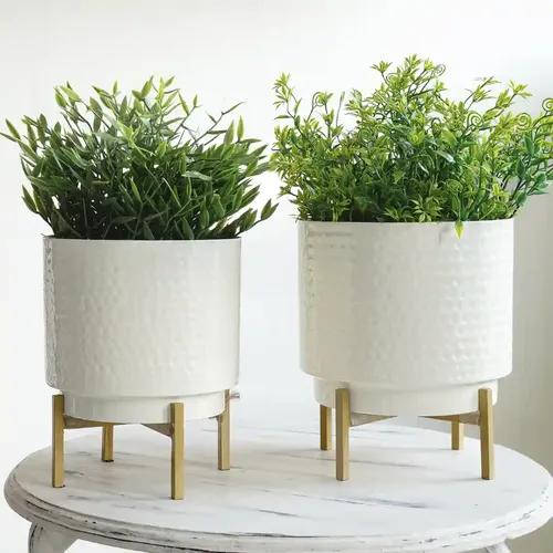 Behoma Hammered Metal Indoor Planter for Table Top and Floor | Living Room Drawing Room Balcony Office | Decoration Ideas for Plants| Set of 2 White Colour (Plants not Included)