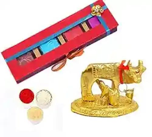 Bhai dooj gift set for brother/bhai dooj tika set/bhai dooj tika/bhai dooj roli chawal/bhaiya dooj gift with chocolates-Chocolate box+roli chawal chandan+cow and calf decorative showpiece