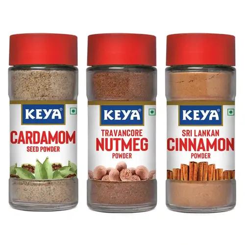 KEYA Exotic Spices Combo, Nutmeg Powder 65gm, Cardamom Seed Powder 50gm, Cinnamon Powder 45g, Pack 3