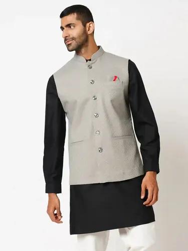 Indivisual Men's Jacquard Pearl Grey Nehru Jacket - (Grey)