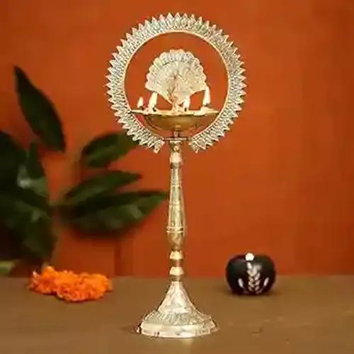 WEBELKART Premium Peacock Indian Traditional Brass Table Deepak Samay Diya Oil Diwali Puja Lamp, Golden- 14.50 in