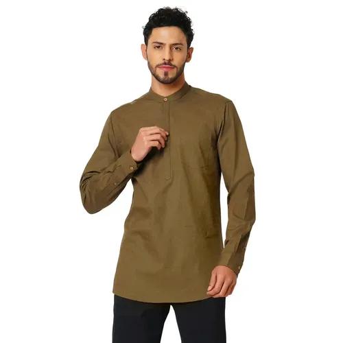 Indivisual Men's Premium Cotton Solid Khaki Shirt Kurta