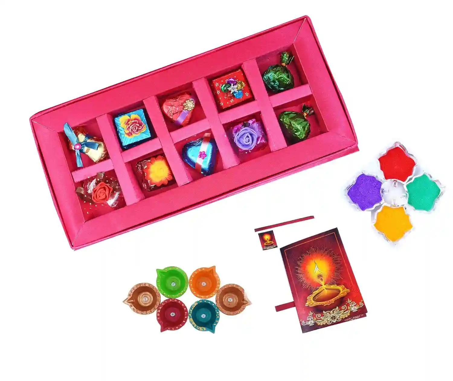 MANTOUSS Diwali Chocolate Gift in Premium Pink Satin Box + 4 Cute Diya, Diwali Greeting Card and Rangoli Colours