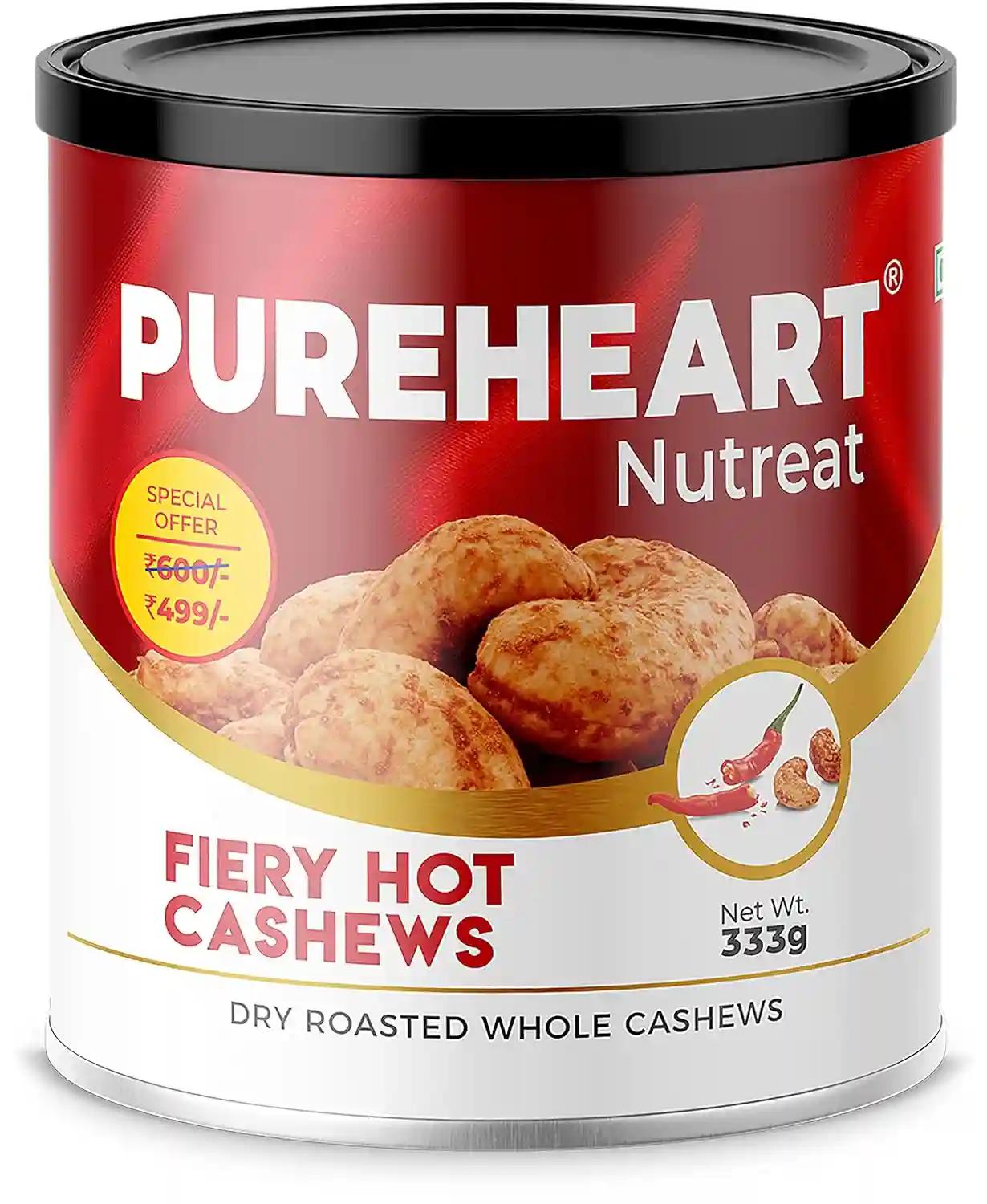 PUREHEART Nutreat Fiery Hot Cashews Natural Premium Roasted Whole Cashew Nuts/Kaju Dry Fruit, Crunchy & Delicious Chili Cashews