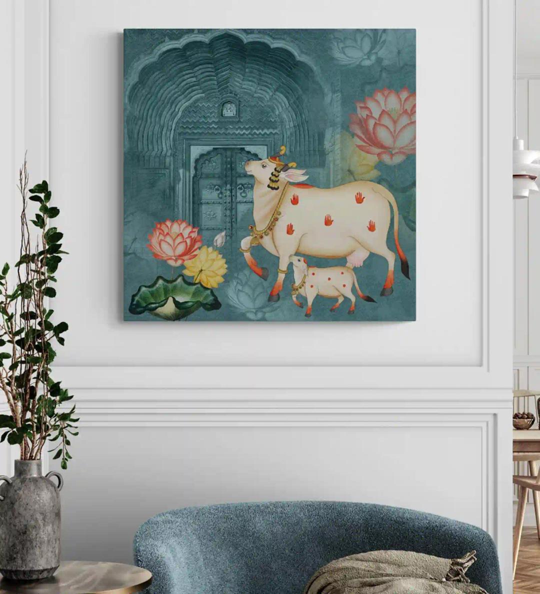 Bittybopp Sacred Cow Pichwai Art Canvas Print |Stretched Frame|Canvas wall painting|Wall Decor|Home Decor (18x18 Inches)