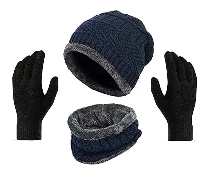 YOUTH ROBE - Premium Brand Knitted Winter Cap & Neck Scarf with fleece,Unisex Beanie Cap with Neck Warmer,Thermal Cap, Fluffy Woolen Cap (set of gloves and cap) Blue