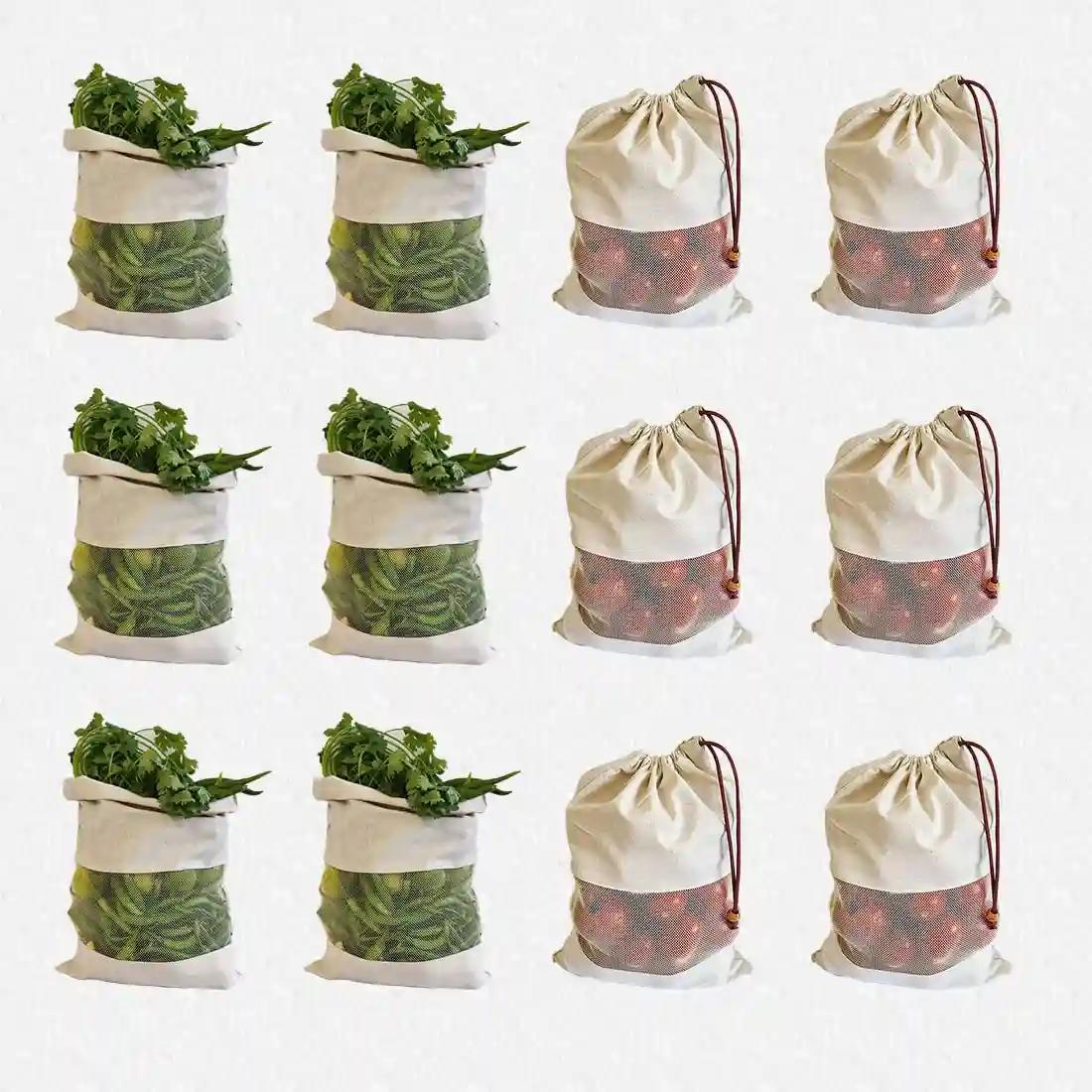 Fab Ellite Cotton Vegetable Bags Fridge Storage Bag Sabji Fruits Pouch Refrigerator Produce bags Clothe Muslin Reusable Washable with Drawstrings