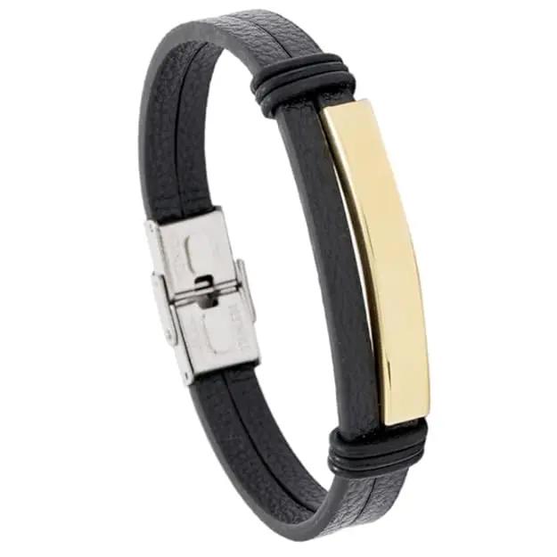 Black Men's Bracelet with Golden Metal