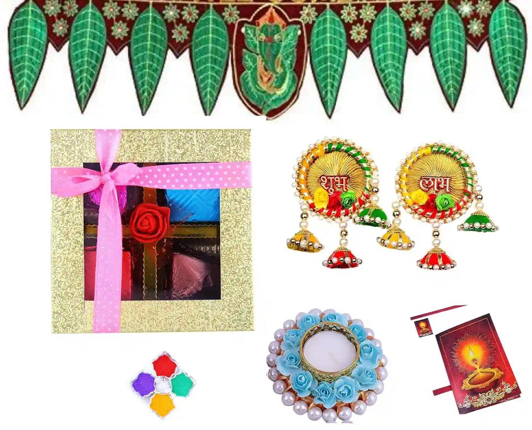 MANTOUSS Diwali Gift Hamper/Diwali gift pack-Handmade chocolate Box+Beautiful Ganesha Toran+Pair of Handmade shubh labh side room hanging+flower candle tealight holder+4 rangoli colours+ greeting card