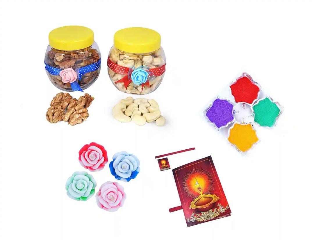 MANTOUSS Diwali Dry Fruit Decorated Jar-Cashew and Walnut(100gms Each),200 GMS + 2 Floating Diya, Diwali Greeting Card and Rangoli Colours