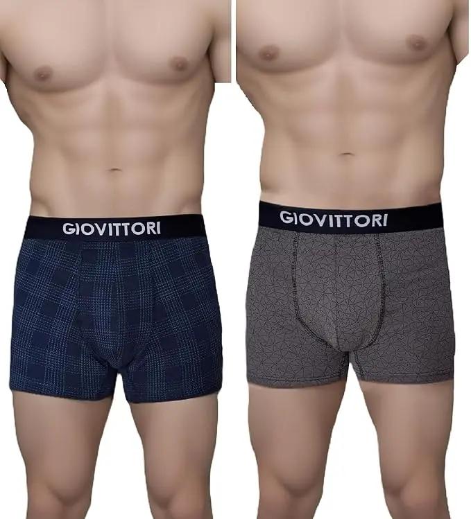 GIOVITTORI Men's Cotton Stretch Underwear Trunks Combo Pack of 2 Prints - Navy, Olive (in, Alpha, S, Regular, Printed Navy/Olive)