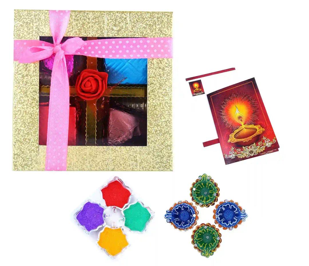 Mantouss Cute Diwali Chocolate Hamper+ 2 earthern Diya, Diwali Greeting Card and Rangoli Colours