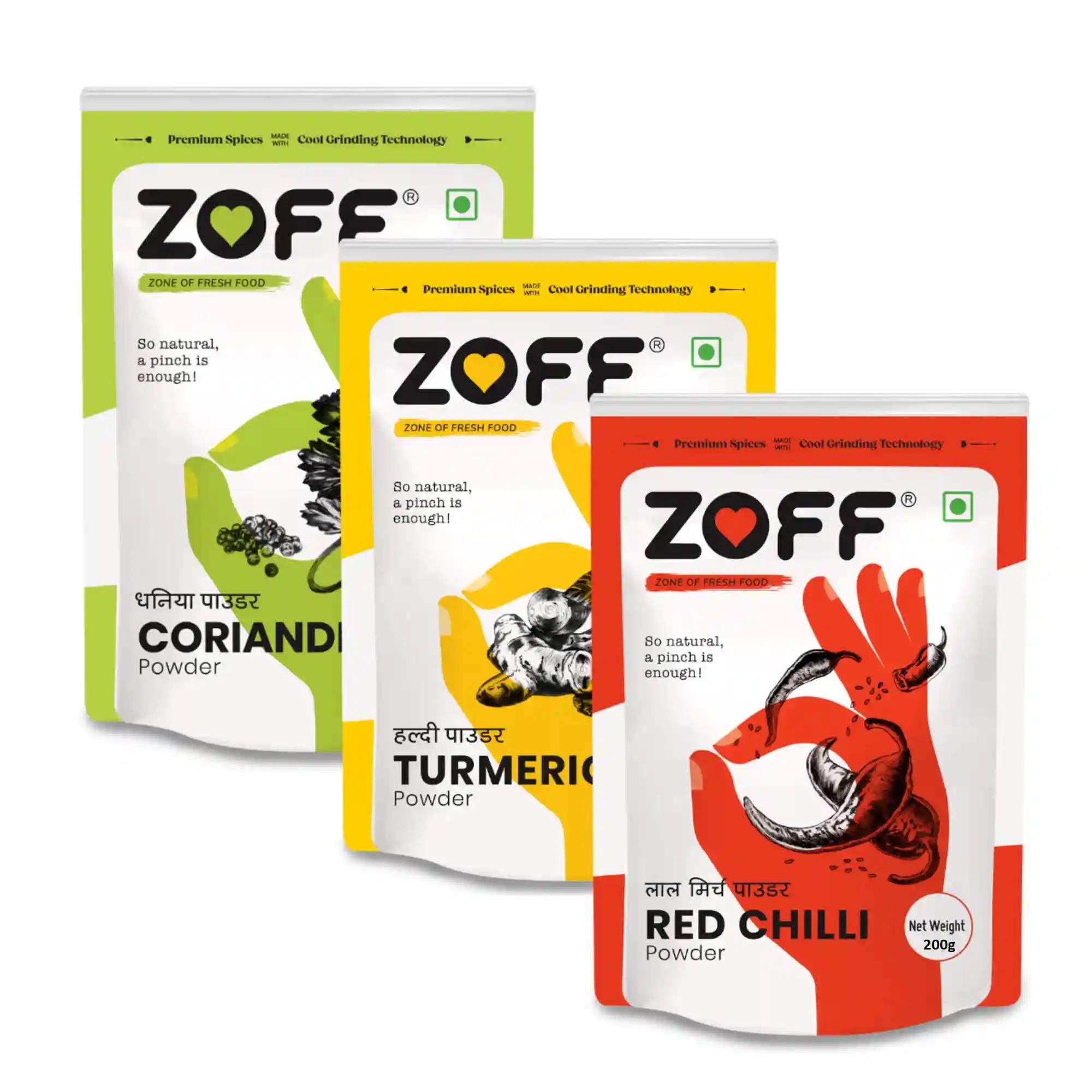 Zoff Red Chilli Powder, Turmeric Powder | Coriander Powder No Colors, Fresh | Pure Masala for Cooking | Premium Zip Lock Pouch