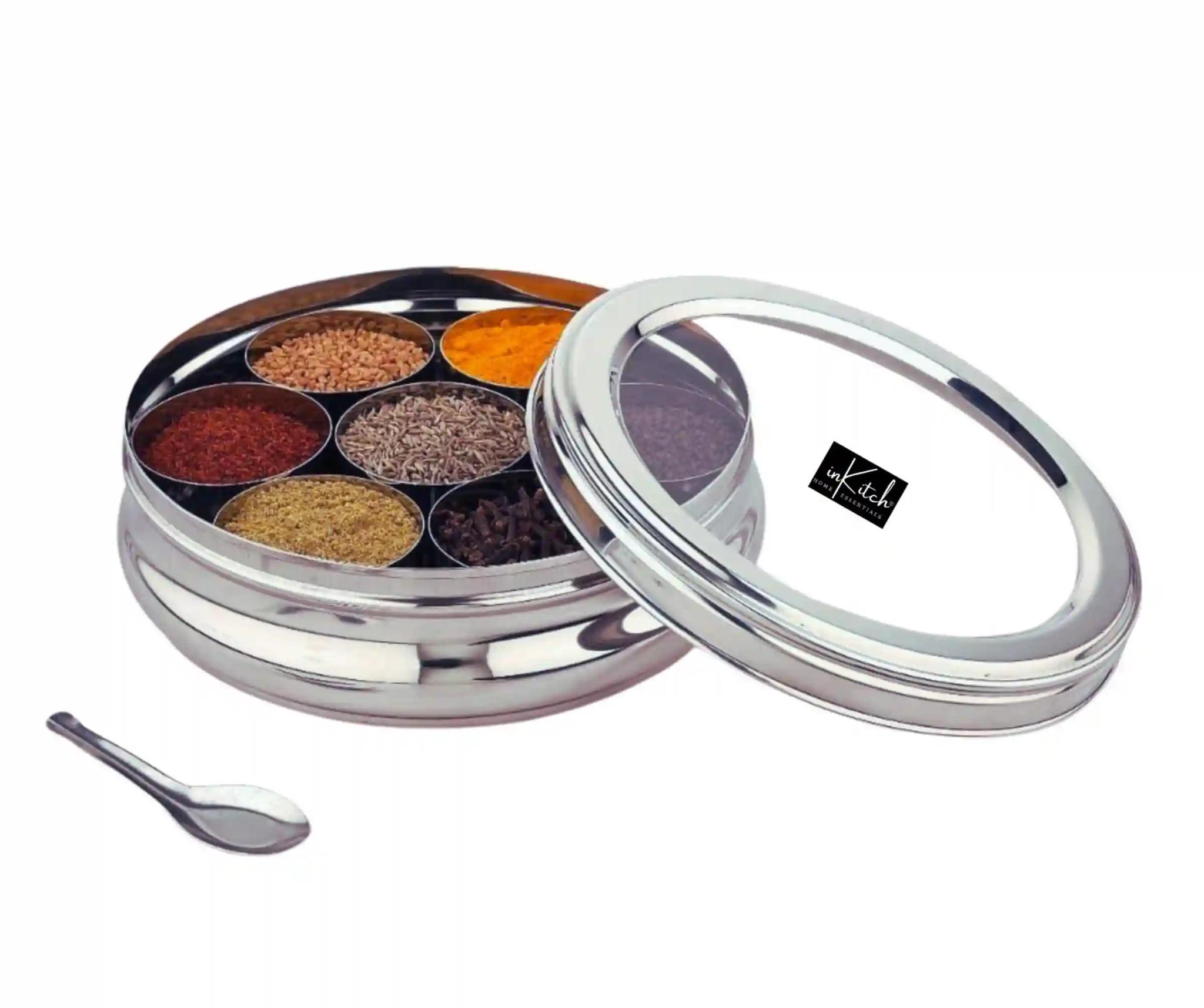 InKitch Stainless Steel Belly Shape Kitchen Spice Box | Masala Container | Masala Dani with individual See through lid with 7 Containers and Small Spoon/Small