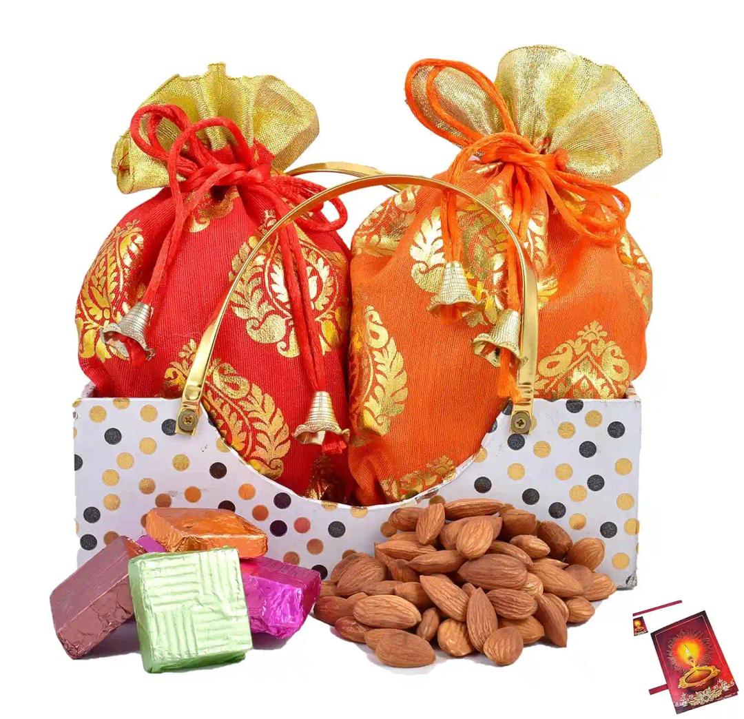 Diwali gift hamper/diwali dry fruits gift box/diwali dry fruits tray/diwali dry fruits gift hamper/diwali gift-Decorated basket with 50 gms of almonds+Chocolates(In separate potlis)+ Diwali Card