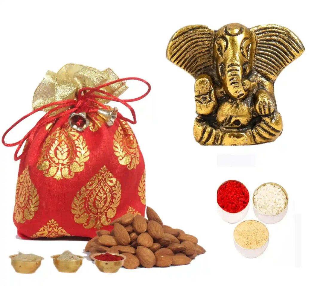 Bhaiya dooj gift for brother/bhai dooj gift set for brother/bhai dooj gift/bhai dooj gift hamper/bhai dooj gift/bhaiya dooj roli chawal-potli of almonds+metal ganesha idol+roli chawal chandan