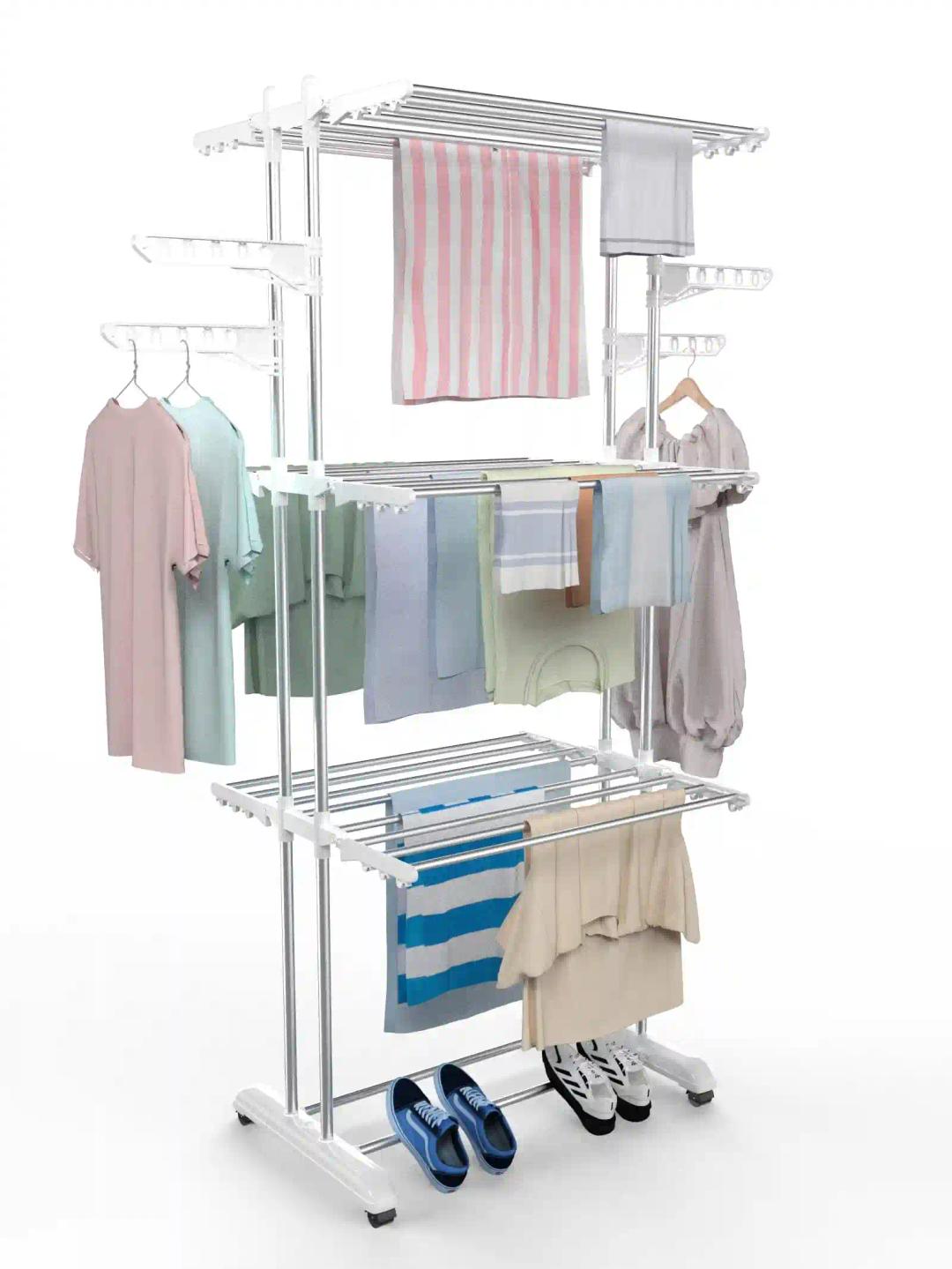 H Houseware 3 Tier Premium Heavy Duty Stainless Steel Foldable Cloth Drying Stand/Clothes Stand for Drying/Cloth Stand/Clothes Dryer/Laundry Racks with Wheels