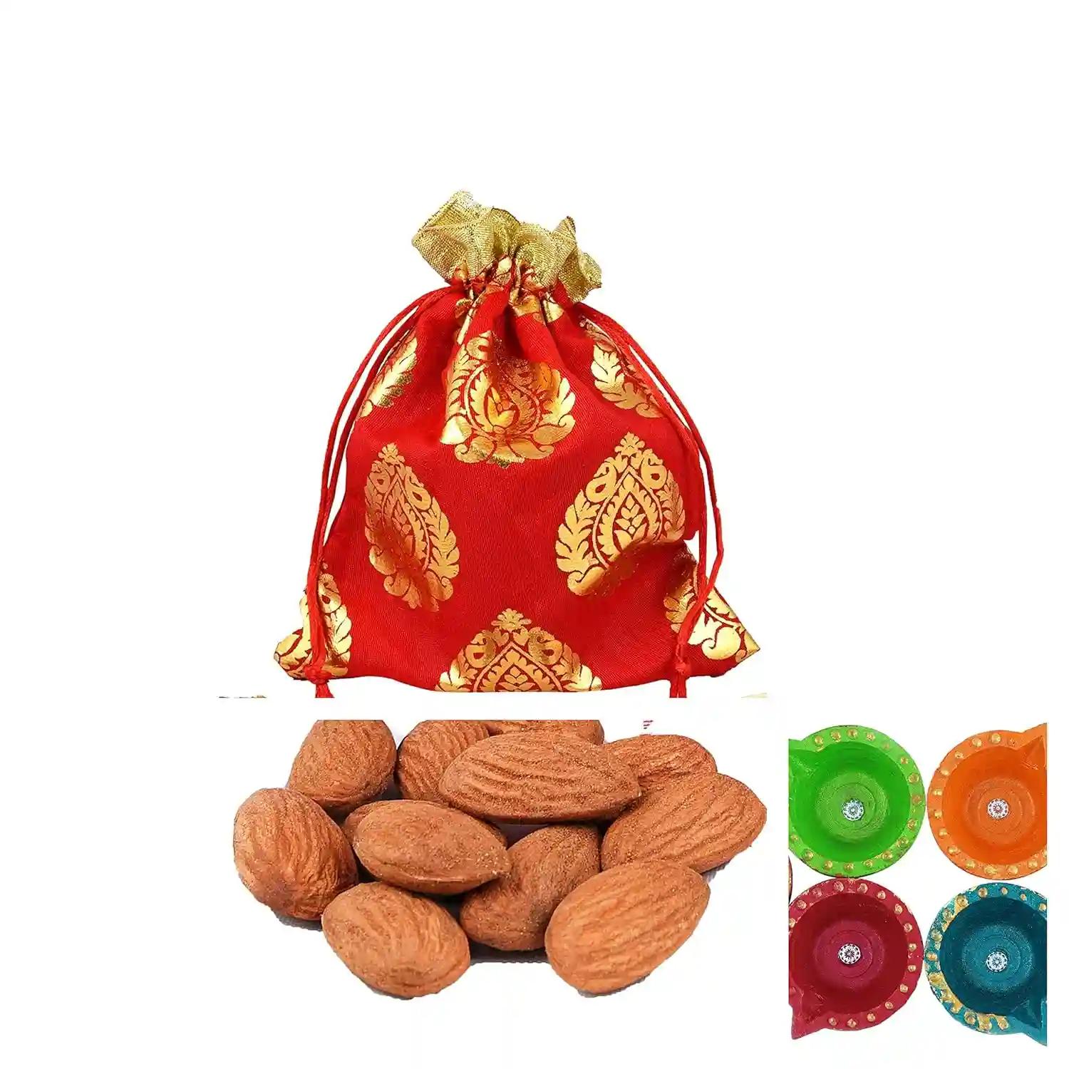 MANTOUSS Diwali Dry Fruit Red Designer Potli-Almond + 2 Cute diyas