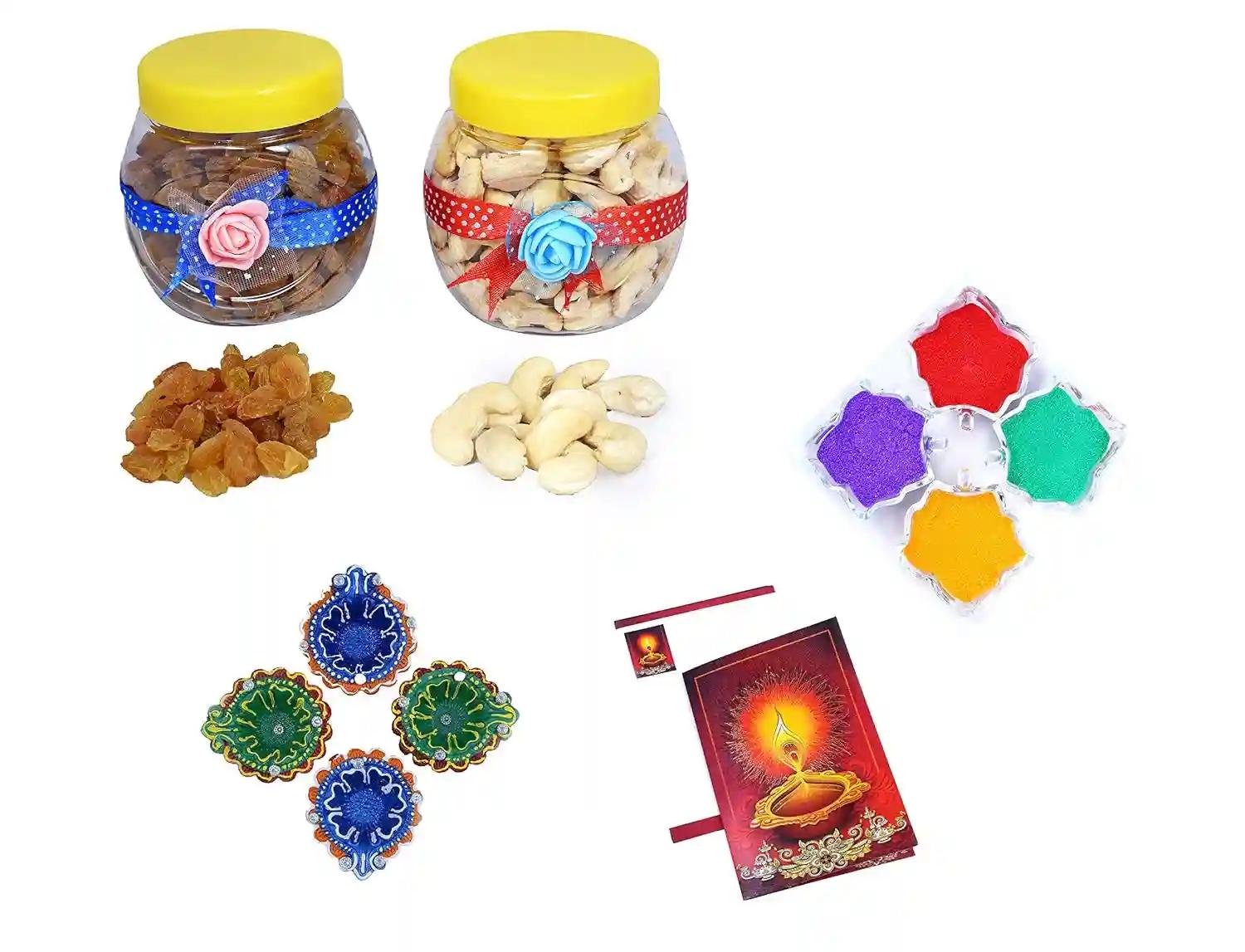 MANTOUSS Deepawali/Diwali Dry Fruit Decorated Jar-Cashew and Raisins(100gms Each),200 GMS + 2 earthern Diya, Diwali Greeting Card and Rangoli Colours