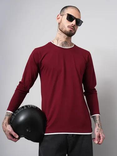 Maroon Piped Solid Full Sleeve T-Shirt M