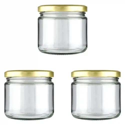 Shiva Organic Salsa Glass Jar for Kitchen Storage | Food Grade Glass Container | Golden Metal Cap | Air Tight Lid | Clear Transparent Jar