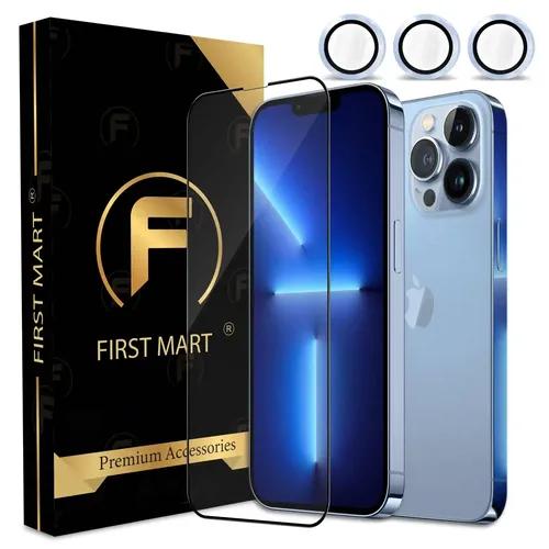 FIRST MART for iPhone 13 Pro Max Tempered Glass and 1 Set of Individual Blue Camera Rings Protectors, 2.5D Curved Edges, Full-Coverage Military-Grade Protection, Scratch Resistant | Blue Rings