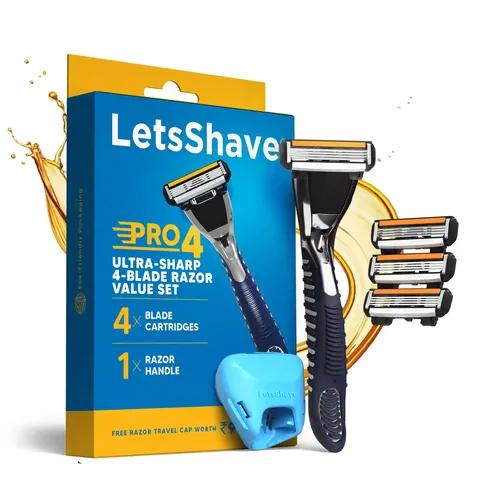 LetsShave Pro 4 Value Set- Razor Handle+4 Blade Refills With Free Travel Cap | Full Body Razor For Men